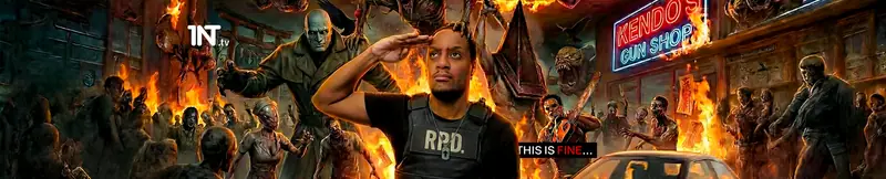 The 1nteger channel banner: a fiery, chaotic gaming street scene